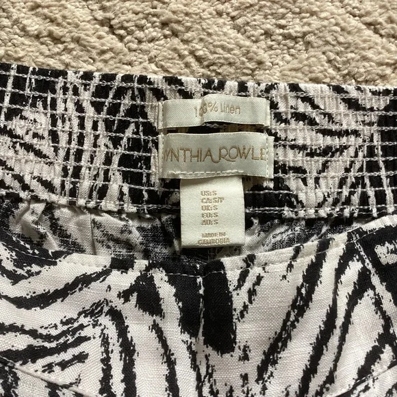 100% LINEN WIDE LEG PETITE PALAZZO PANTS BONE/BLACK TROPICAL LEAF PRINT SIZE S/P - Picture 4 of 10